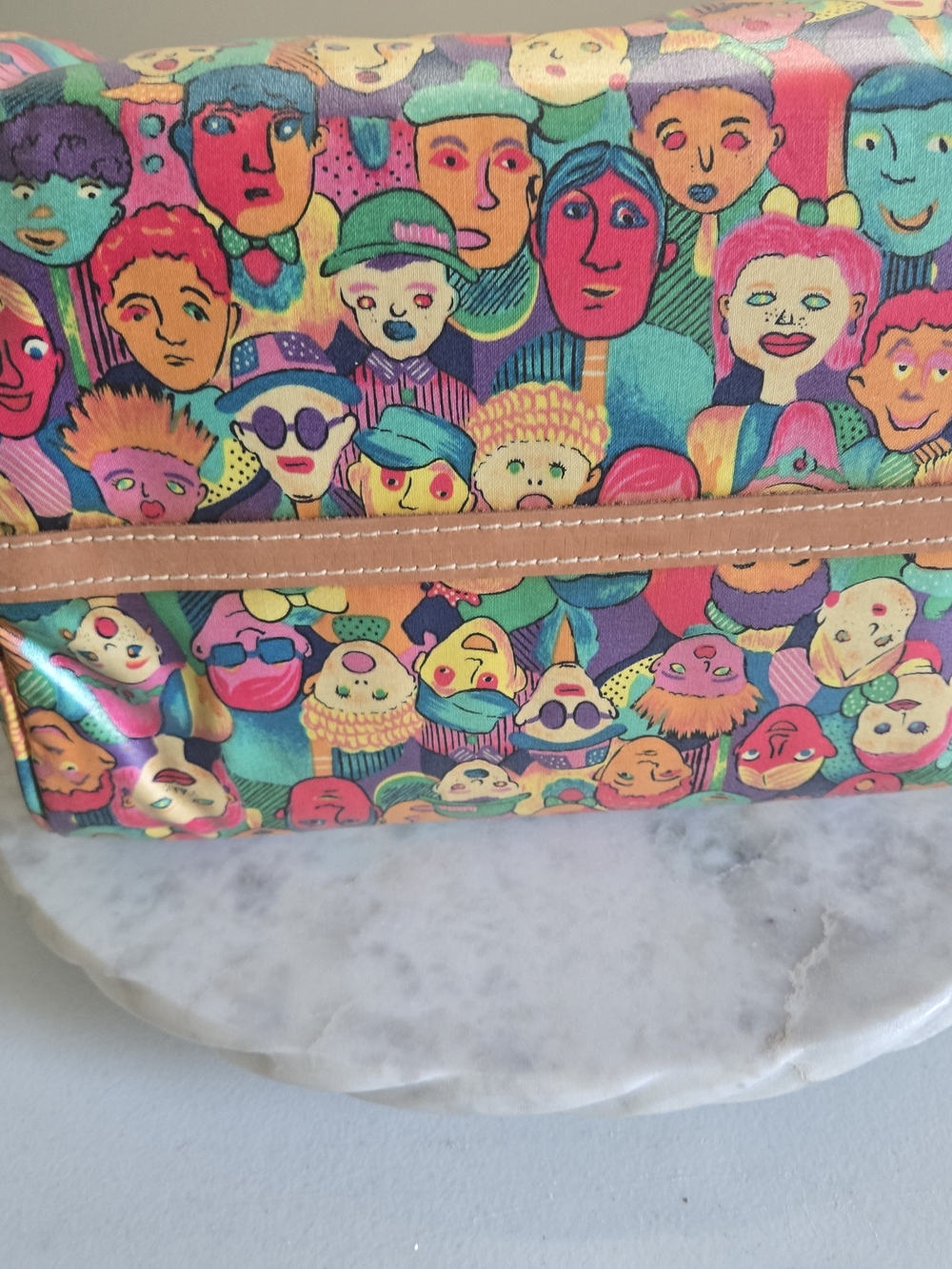 Colorful Faces Print Satchel with Tan Handles - Picture 4 of 7